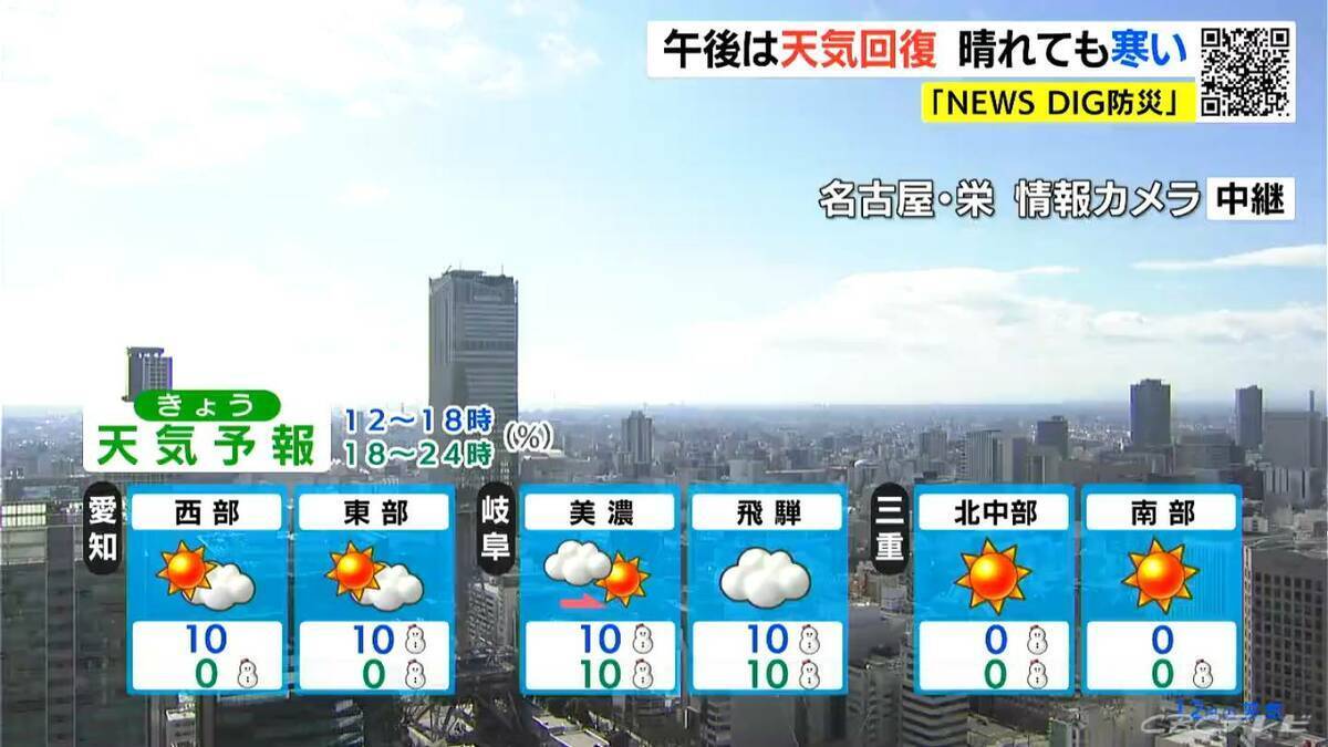 東海地方 雪の積もっている地域はなだれや路面の凍結に注意を 午後は平野部を中心に広く晴れる見込み 愛知･名古屋･岐阜･三重の天気予報（1/12 昼）