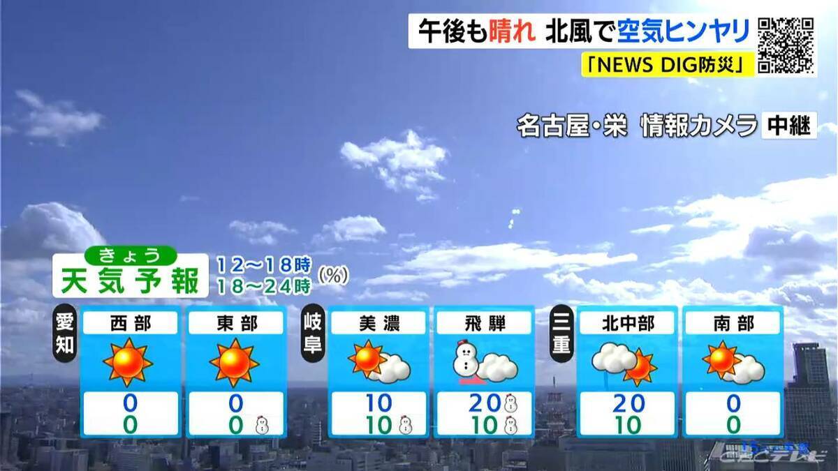 東海3県はあさって午後から各地で雨･雪予想 きょうの予想最高気温は名古屋･豊橋･津で12℃ 北風の冷たい1日に 愛知･岐阜･三重の天気予報（12/15 昼）