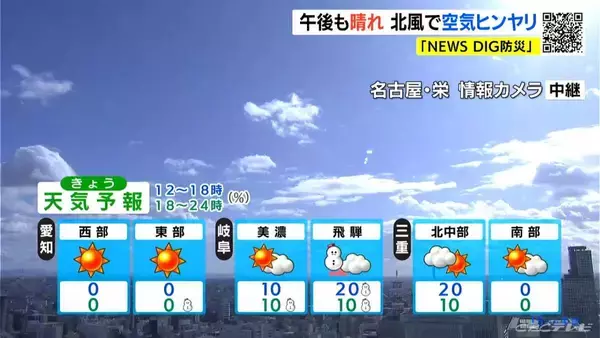 「東海3県はあさって午後から各地で雨･雪予想 きょうの予想最高気温は名古屋･豊橋･津で12℃ 北風の冷たい1日に 愛知･岐阜･三重の天気予報（12/15 昼）」の画像