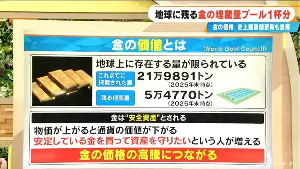 「残る金の埋蔵量は“プール1杯分” 最高値更新と思ったら急落… 今回の価格変動にはトランプ大統領が関係？ 30年で20倍に高騰」の画像