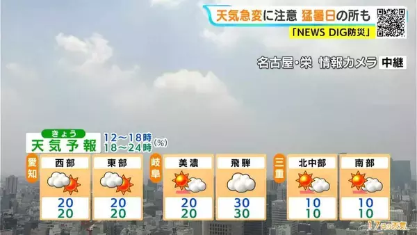 「愛知･岐阜で急な激しい雨や雷に注意 週末は雨や曇り… 月曜日は日差し戻り｢猛暑日｣予想 愛知･名古屋･岐阜･三重の天気予報（7/17 昼）」の画像