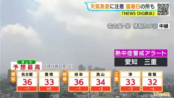 「愛知･岐阜で急な激しい雨や雷に注意 週末は雨や曇り… 月曜日は日差し戻り｢猛暑日｣予想 愛知･名古屋･岐阜･三重の天気予報（7/17 昼）」の画像