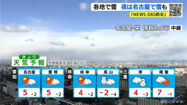 「東海地方は各地で雪 名古屋も夜から降雪予想 あす朝は平地でも積雪おそれ 愛知･岐阜･三重の天気予報（1/22 昼）」の画像