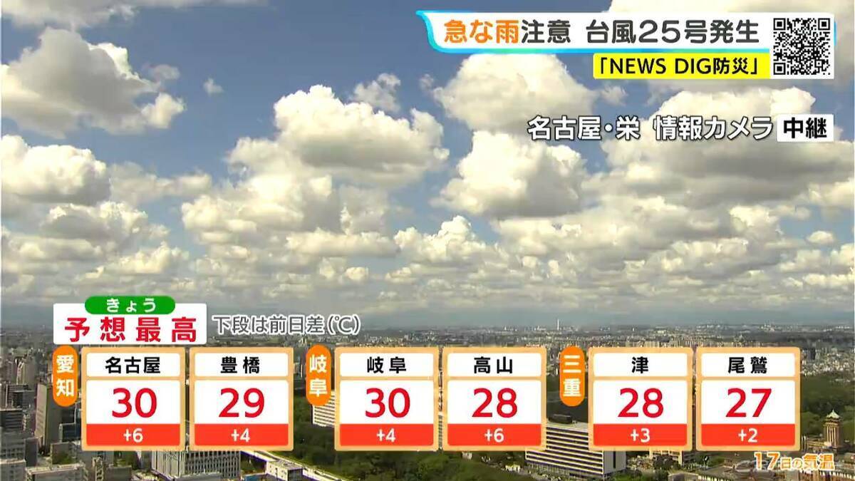 【台風情報】大型の台風25号発生 来週本州に近づくおそれ 東海地方はきょうも急な雨に注意 愛知･名古屋･岐阜･三重の天気予報（9/17 昼）