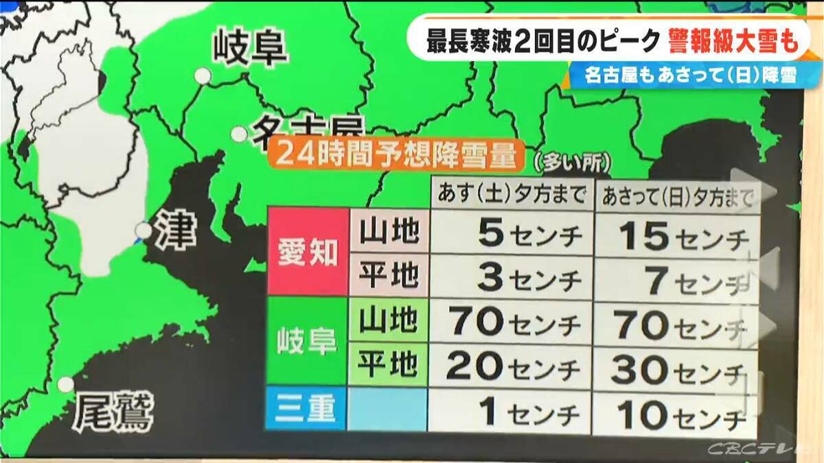 【大雪情報】東海地方は週末に2回目のピーク “警報級大雪”も 名古屋は日曜日に降雪予想 最新の雪シミュレーション 愛知･岐阜･三重の天気予報