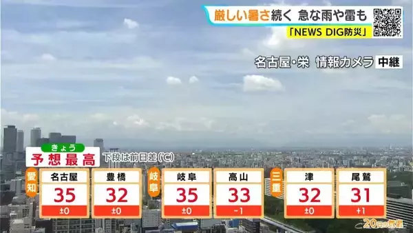 「予想最高気温は名古屋･岐阜で35℃ 各地で雨が降る所も 天気の急変に注意 愛知･岐阜･三重の天気予報（8/20 昼）」の画像