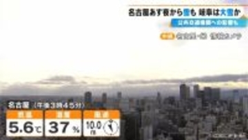 東海地方で“警報級大雪”おそれ あすの予想最低気温 名古屋で-2℃ 尾鷲で-1℃と今季一番の冷え込みに 夜からは名古屋や岐阜の平野部でも積雪か