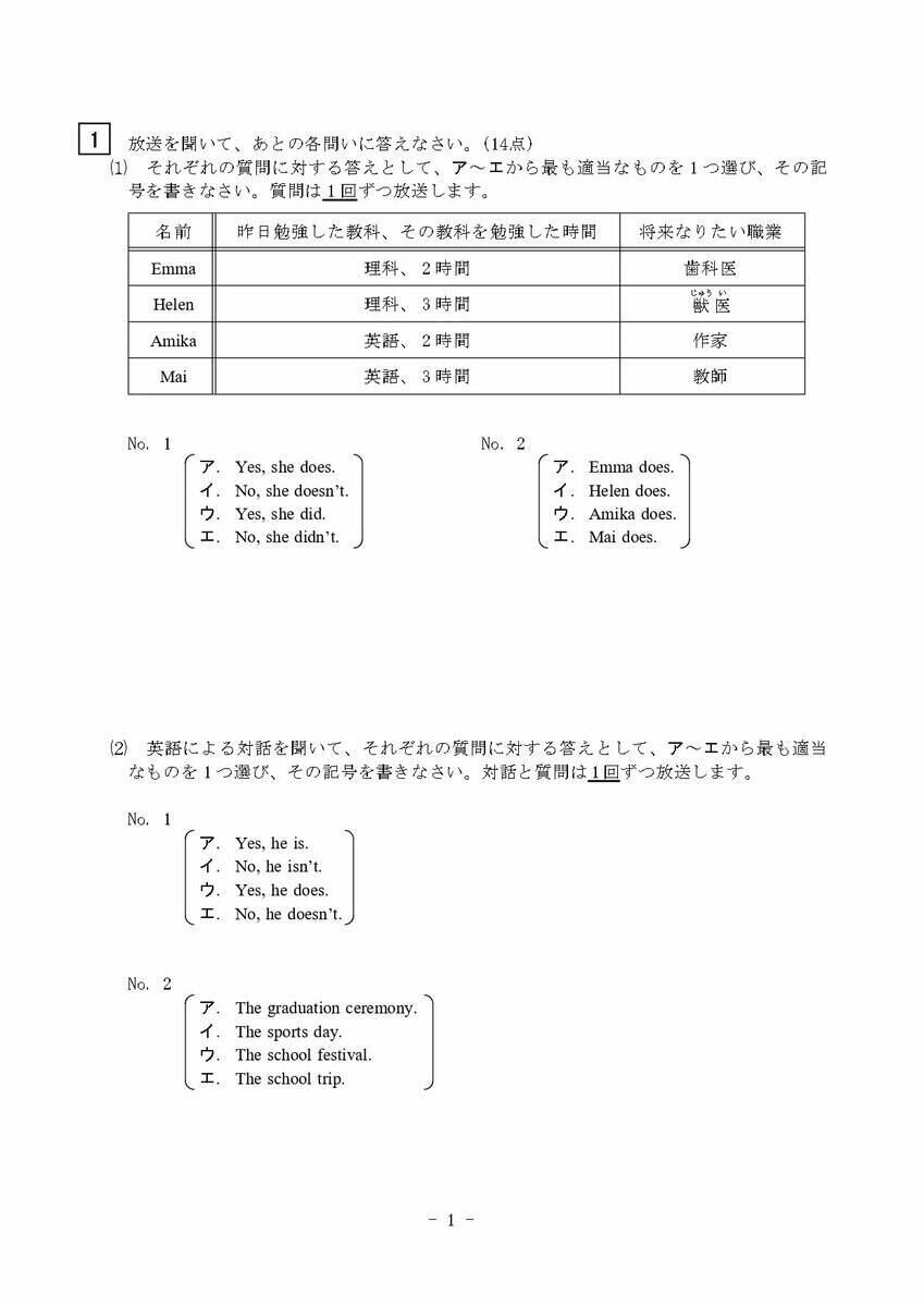 三重県立高校入試 2026 前期選抜の試験問題･解答 ｢英語｣ 合格発表は2月13日（金）リスニングや記号選択問題
