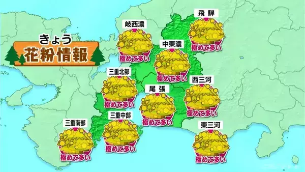 「岐阜で25℃予想 ことし初の夏日か 各地でヒノキ花粉｢極めて多い｣見込み 愛知･名古屋･岐阜･三重の天気予報（4/13 昼）」の画像