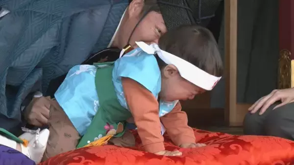 「先に泣いた方が勝ち 赤ちゃん｢泣き相撲｣ 健やかな成長願って…取り組み前から泣き始めてしまう子も 岩津天満宮 愛知･岡崎市」の画像