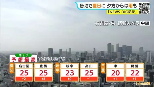 「東海地方 夕方以降は雨の所も… あすは午後中心に広く雨 愛知･名古屋･岐阜･三重の天気予報（4/14 昼）」の画像