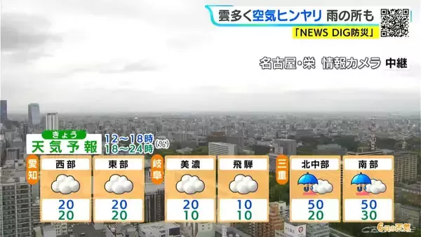 「東海地方 きょうは雨の所も… 日中も気温あまり上がらずヒンヤリ 金曜日も曇りや雨 愛知･名古屋･岐阜･三重の天気予報（5/6 昼）」の画像