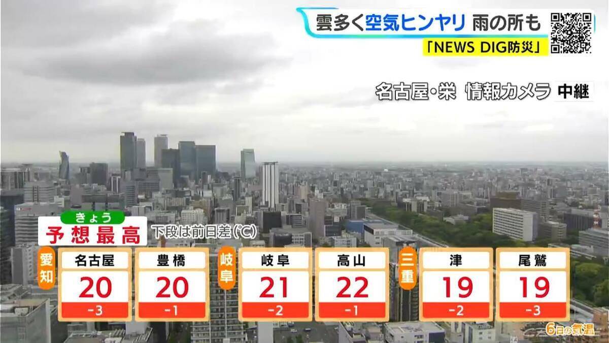 東海地方 きょうは雨の所も… 日中も気温あまり上がらずヒンヤリ 金曜日も曇りや雨 愛知･名古屋･岐阜･三重の天気予報（5/6 昼）