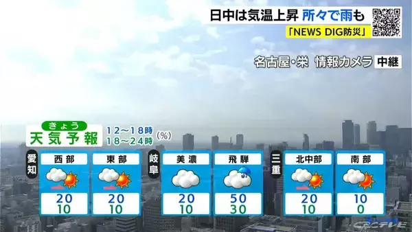 「予想最高気温は名古屋･岐阜･津で16℃前後 雲の広がる所が多く夕方にかけて所々で雨が降る見込み 愛知･岐阜･三重の天気予報（12/8 昼）」の画像