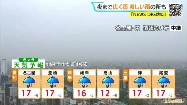 「東海地方 夕方にかけて激しい雨の所も…あすは天気回復 日曜日は再び雨予想 愛知･名古屋･岐阜･三重の天気予報（4/23 昼）」の画像