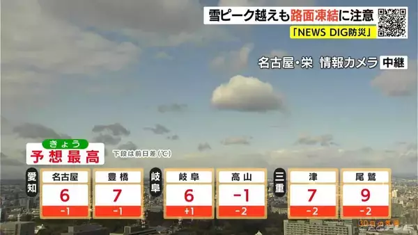 「大雪のピーク越えるも積雪や路面凍結に注意 週末は山間部で雪 厳しい寒さ続く 愛知･名古屋･岐阜･三重の天気予報（1/30 昼）」の画像