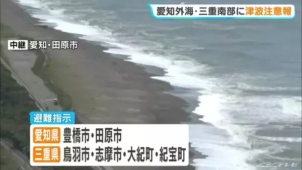 「津波注意報を受け 愛知県と三重県の沿岸自治体に【避難指示】 愛知・田原市 海岸近くの高台には津波への注意を呼びかけるフラッグ立てられる」の画像