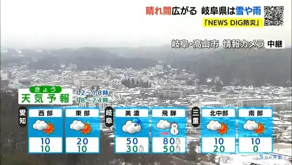 岐阜県で雪や雨か 山地を中心に積雪や路面凍結に注意を 最高気温は名古屋･豊橋･津で12℃予想 愛知･岐阜･三重の天気予報（1/5 昼）