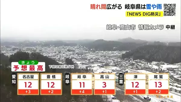 「岐阜県で雪や雨か 山地を中心に積雪や路面凍結に注意を 最高気温は名古屋･豊橋･津で12℃予想 愛知･岐阜･三重の天気予報（1/5 昼）」の画像