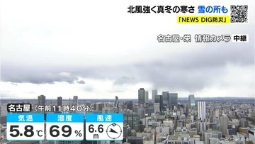東海地方は岐阜県を中心に雪のところも 北風が強く“真冬の寒さ”に 最新の雪シミュレーション 愛知･名古屋･岐阜･三重の天気予報（12/26 昼）
