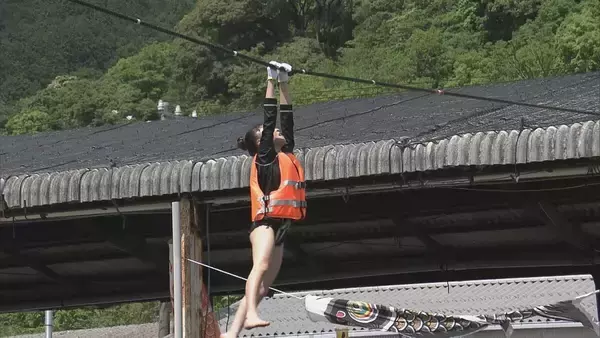 「ロープにぶら下がり…渡った距離を競う！｢海上綱渡り大会｣ “スパイダーマン”姿の男性が娘の声援受け3連覇 記録は去年と同じ33ｍ 二木島漁港 三重・熊野市」の画像