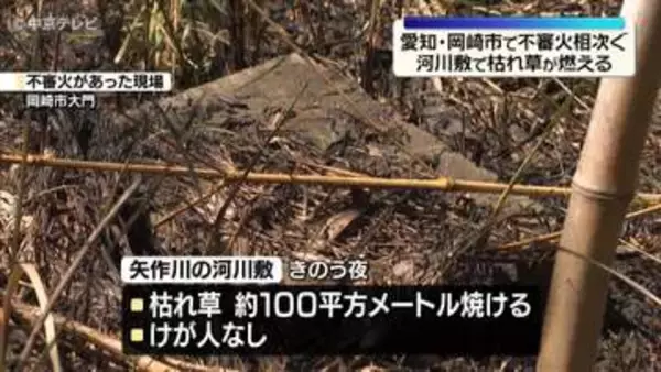 不審火相次ぐ　河川敷で約100平方メートル焼ける火事　愛知・岡崎市