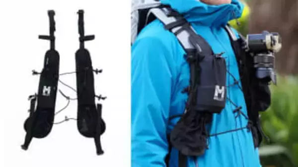 バックパックのショルダーベルトに交換レンズを収納　OM SYSTEM×MILLETコラボの「ショルダーフォトポケット II」