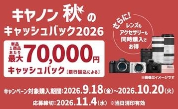 キャンペーン：キヤノン、最大7万円還元の「秋のキャッシュバック 2026」　EOS R5 Mark IIやRFレンズ、PowerShot、SELPHYなど多数