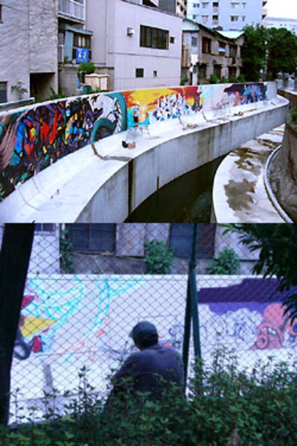 落書きじゃない 渋谷川でグラフィティアートライブドローイング中 04年5月14日 エキサイトニュース