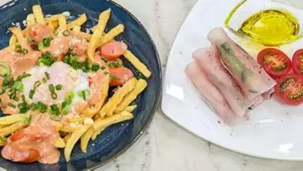 『新生活応援！パパっと作れるごはん』コンビニ食材で【スペイン風フライドポテト卵のせ＆漬物の生ハム巻き】