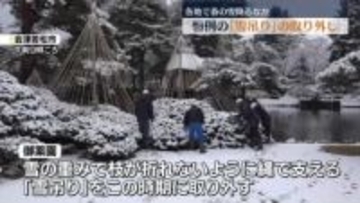 春の雪降るなか…会津若松市の観光庭園で恒例の「雪吊り」の取り外し