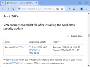 WindowsデバイスでVPN接続に失敗する問題は解決、最新パッチの適用を／2024年5月の「Windows Update」で解決