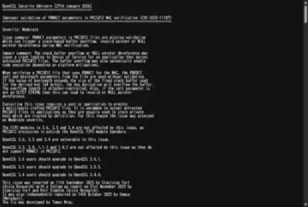 「OpenSSL」にリモートコード実行などの恐れ ～修正版がリリース／最大深刻度はHigh、v3.6.1 / v3.5.5 / v3.4.4 / v3.3.6 / v3.0.19への更新を