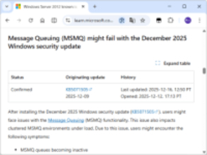 2025年12月セキュリティパッチで「MSMQ」にトラブル、セキュリティ変更の影響で／一部のクライアント・サーバーOSで発生