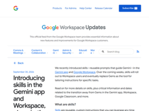 「Gemini」アプリと「Google Workspace」のGemsがAIスキル機能「Skills」に移行／Gemsは今後、段階的に廃止へ