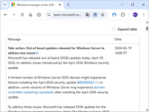 Windows Serverの2026年4月セキュリティパッチに2つの問題、Microsoftが緊急対処／パッチをインストールできない、ドメインコントローラーが再起動ループ