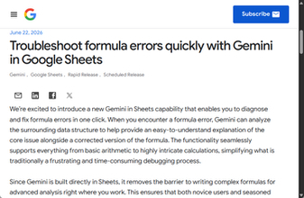 「Google スプレッドシート」のGeminiに数式エラーをワンクリック修正する機能が追加／エラーの核心をわかりやすく説明しつつ、修正済みの数式を提示可能