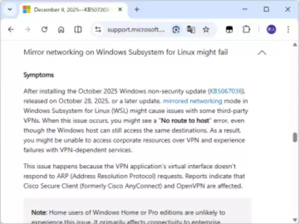 2025年10月プレビューパッチ「KB5067036」に問題、「WSL」とVPNツールの組み合わせで／「Cisco Secure Client」や「OpenVPN」などの製品に影響