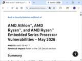 「AMD製の広範なプロセッサーに脆弱性 ～Athlon 3000からRyzen 9000/AI 300までに影響／2026年5月のセキュリティ情報を公開、BIOSの更新を」の画像1