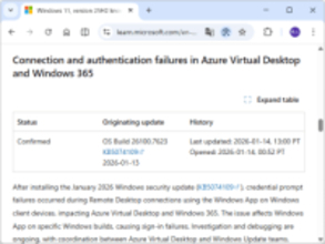 2026年1月のWindowsパッチに問題、「Windows 365」クラウドPCなどへの認証でエラー／Microsoftが調査中、回避策を案内