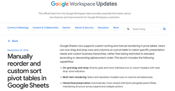 「Google スプレッドシート」にピボットテーブルの手動・カスタム並べ替え機能が追加／「Microsoft Excel」との互換性も向上