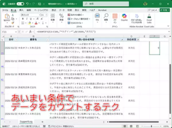 「【Excel】特定テキストを含む文章が入力されたデータを数える方法【いまさら聞けないExcelの使い方講座】」の画像