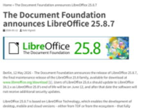 25.8シリーズ最終版となる「LibreOffice 25.8.7」が公開／「LibreOffice 25.8」は6月12日にサポート終了、「LibreOffice 26.2」へのアップデートが必要に