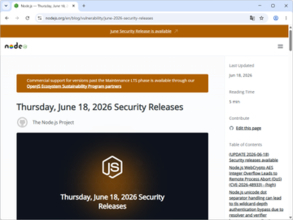 「Node.js」にセキュリティリリース、12件の脆弱性を修正／v22.23.0、v24.17.0、v26.3.1が公開