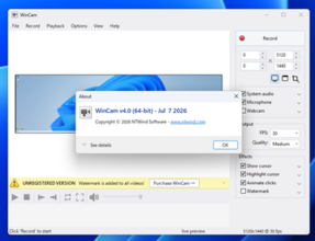 デスクトップ録画ツール「WinCam 4.0」が公開 ～約3年ぶりのメジャー更新でCPU使用率を半減／テキスト透かし（ウォーターマーク）などにも対応