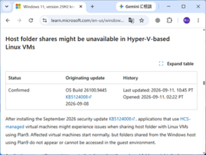 「WSL」「Claude Cowork」に影響、Windows 11の9月パッチに「Hyper-V」がらみの問題／「Plan9」によるWindowsホストのフォルダー共有に不具合。Microsoftが認める