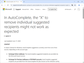 クラシック版「Outlook」アプリに新たな問題 ～宛先候補を［×］で消せたり、消せなかったり／内部の複雑な仕様と機能の廃止、ロールバックなどが絡み合う