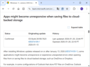 「OneDrive」や「Dropbox」のクラウドファイルを開く・保存するとアプリが応答不能に／2026年1月のWindowsセキュリティパッチが原因、Microsoftが解決策を準備中