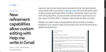 「Gmail」の文章修正サポート機能が独自プロンプトでAIによる下書きの修正が可能に／その場に応じた修正指示で下書きを編集させられる