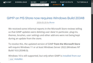 Microsoft Store版「GIMP」をアップデートするとユーザーデータが削除される恐れ／Windows 10環境で発生、「GIMP」公式サイトのインストーラー版を利用すれば回避可能